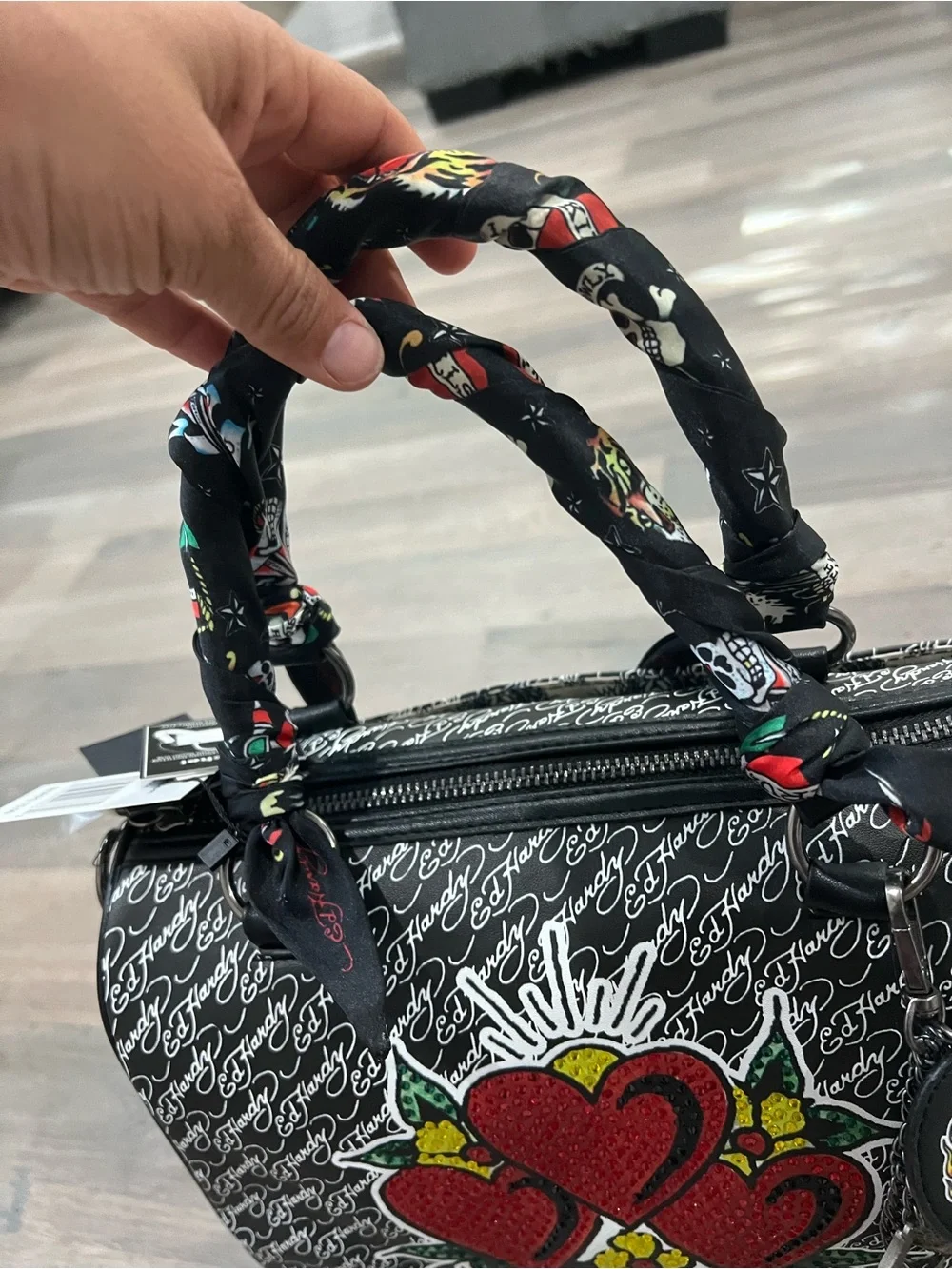 Ed Hardy Black & Red Love Hearts Top-Handle Shoulder Bag